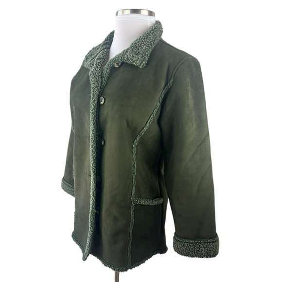 L.L. Bean Womens Medium Sherpa Fleece Lined Green Coat Jacket Button Front - Picture 4 of 14